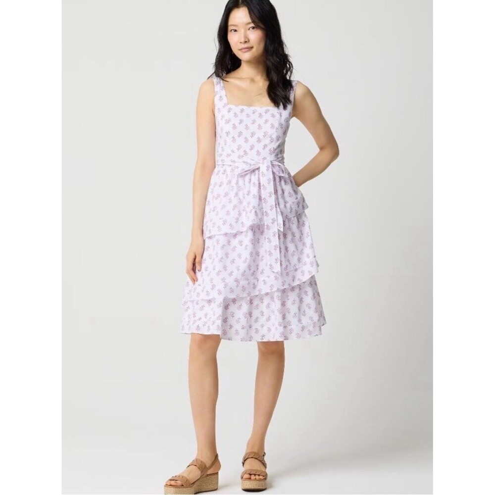 J. Crew White Floral Tiered Midi Dress with Waist Tie size 10